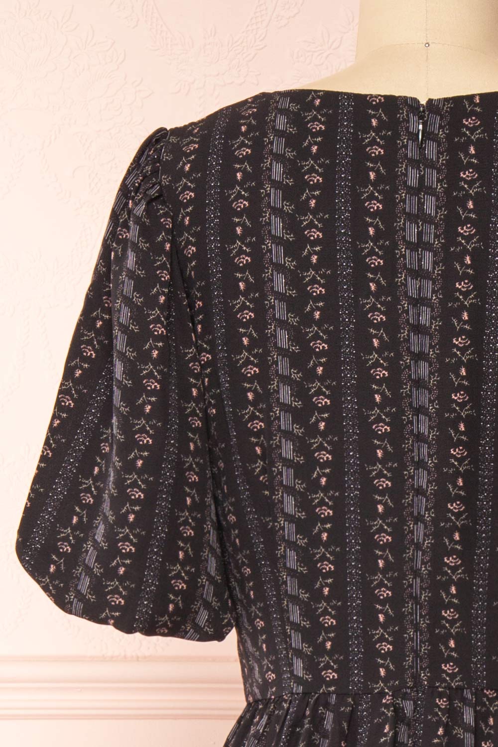 Assoura Black Puffy Sleeve Floral Maxi Dress | Boutique 1861 back close-up