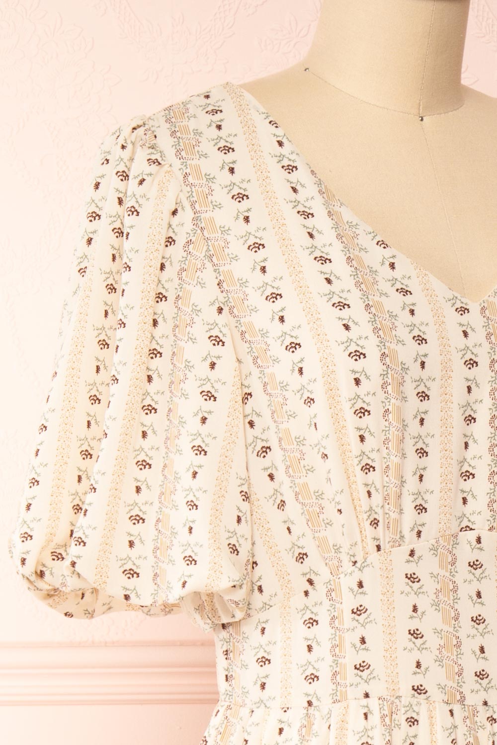 Assoura Cream Puffy Sleeve Floral Maxi Dress | Boutique 1861 side close-up