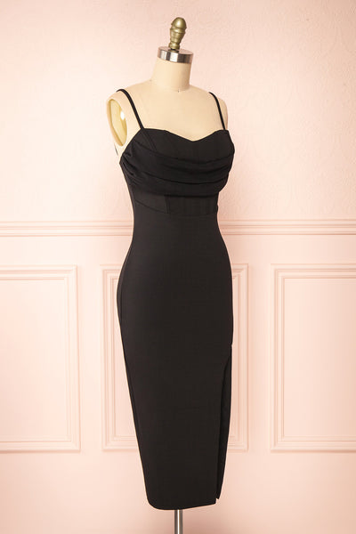 Astoria Black Fitted Midi Dress w/ Cowl Neck | Boutique 1861  side view