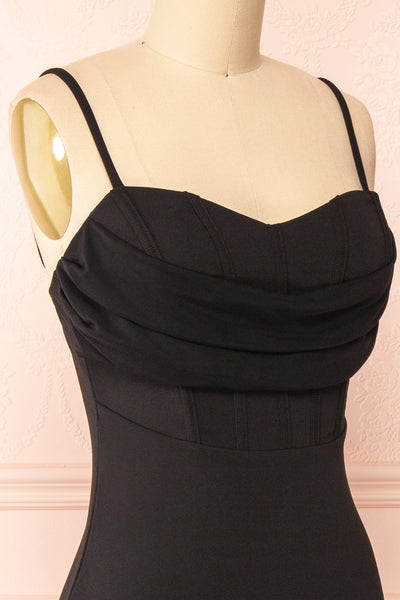 Astoria Black Fitted Midi Dress w/ Cowl Neck | Boutique 1861  side close-up
