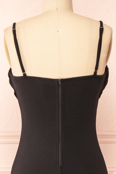 Astoria Black Fitted Midi Dress w/ Cowl Neck | Boutique 1861  back close-up