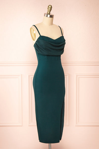Astoria Green Fitted Midi Dress w/ Cowl Neck | Boutique 1861 side view