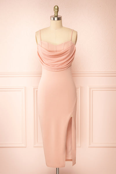 Astoria Pink Fitted Midi Dress w/ Cowl Neck | Boutique 1861 front view