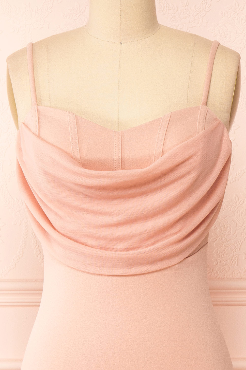  Astoria Pink Fitted Midi Dress w/ Cowl Neck | Boutique 1861 front close-up