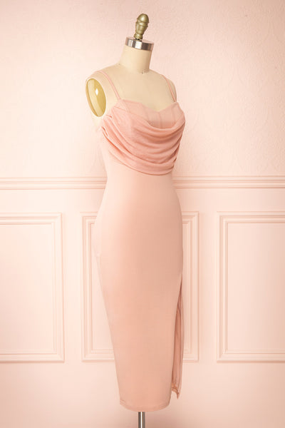Astoria Pink Fitted Midi Dress w/ Cowl Neck | Boutique 1861  side view