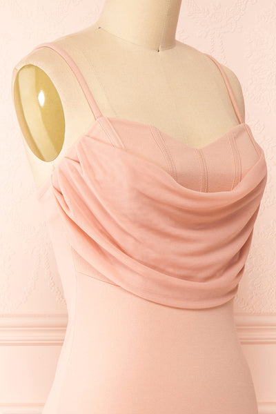 Astoria Pink Fitted Midi Dress w/ Cowl Neck | Boutique 1861 side close-up