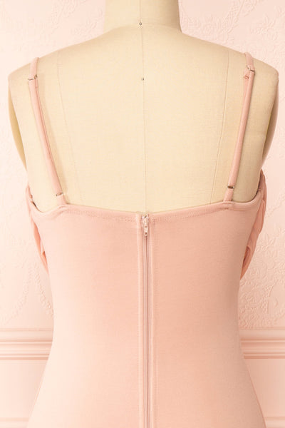 Astoria Pink Fitted Midi Dress w/ Cowl Neck | Boutique 1861 back close-up