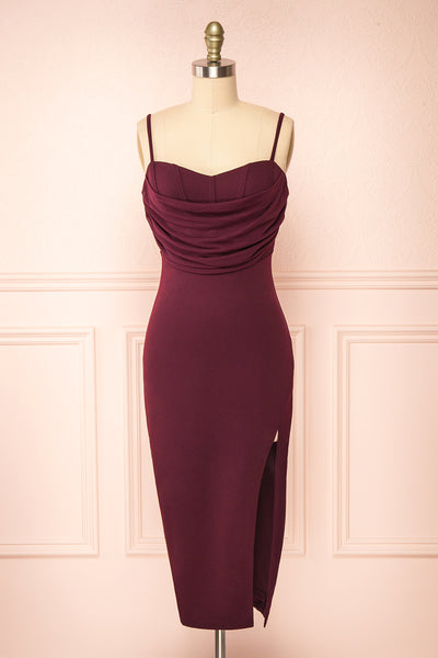 Astoria Wine Fitted Midi Dress w/ Cowl Neck | Boutique 1861 front view