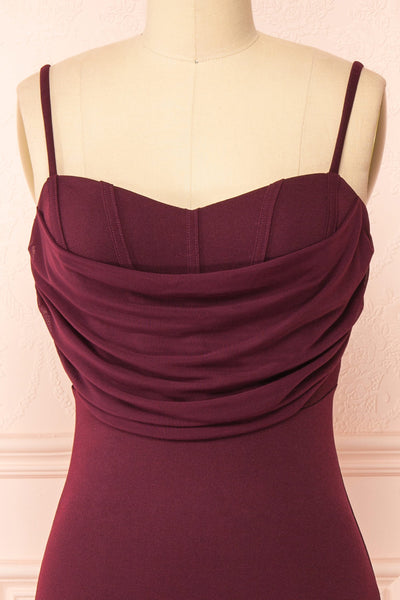 Astoria Wine Fitted Midi Dress w/ Cowl Neck | Boutique 1861  front close-up