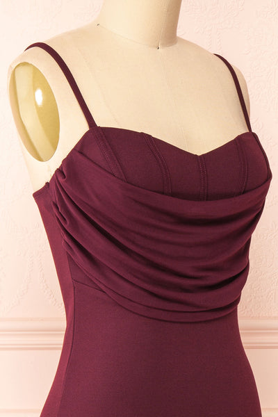 Astoria Wine Fitted Midi Dress w/ Cowl Neck | Boutique 1861  side close-up