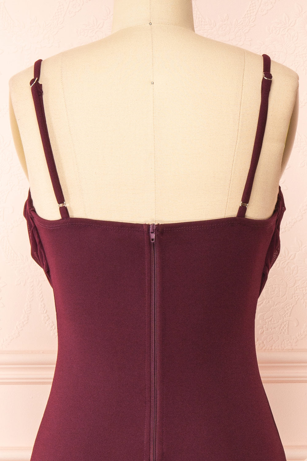 Astoria Wine Fitted Midi Dress w/ Cowl Neck | Boutique 1861 back close-up