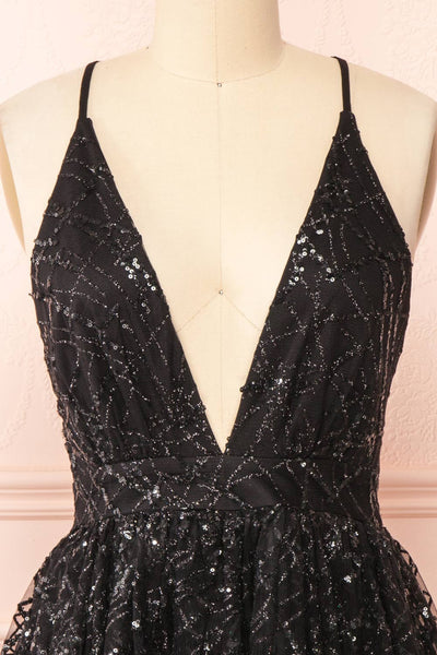 Astral Black Backless Short Sequin Dress | Boutique 1861 front close-up