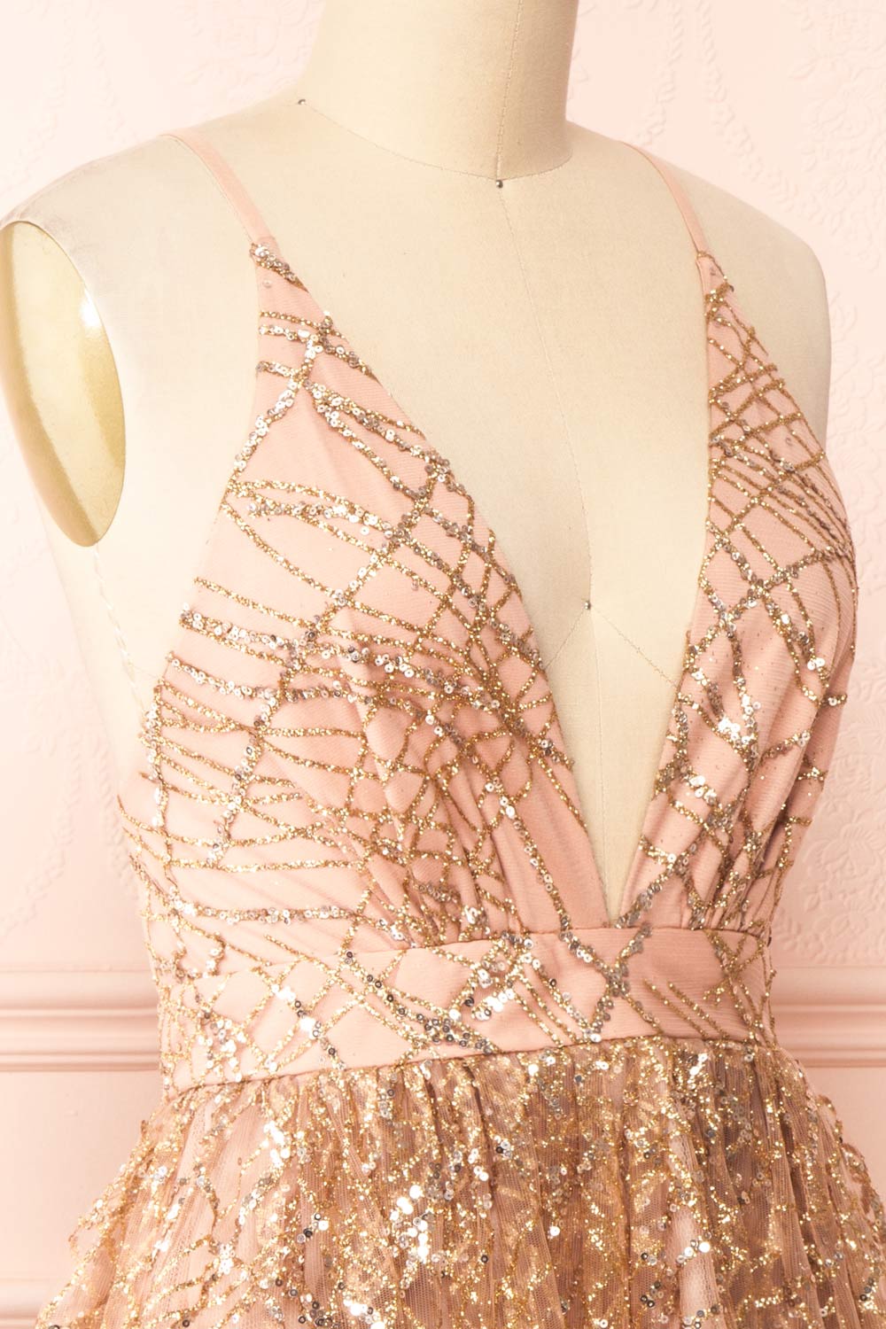 Astral Rose Gold Backless Short Sequin Dress | Boutique 1861 side close-up