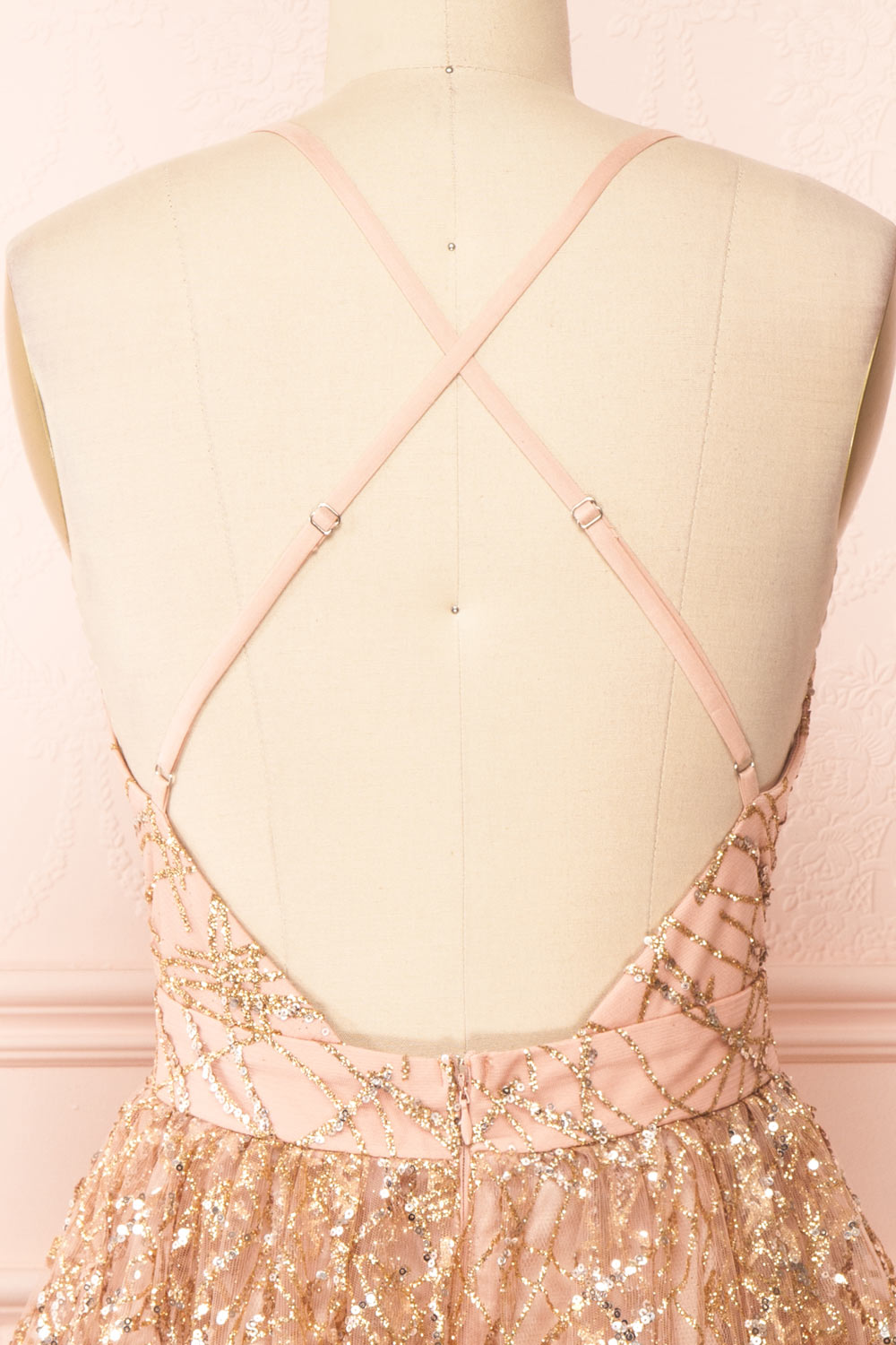 Astral Rose Gold Backless Short Sequin Dress | Boutique 1861 back close -up