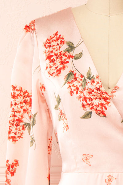 Astralle Long Sleeve Short Floral Satin Wrap Dress | Boutique 1861 front close-up