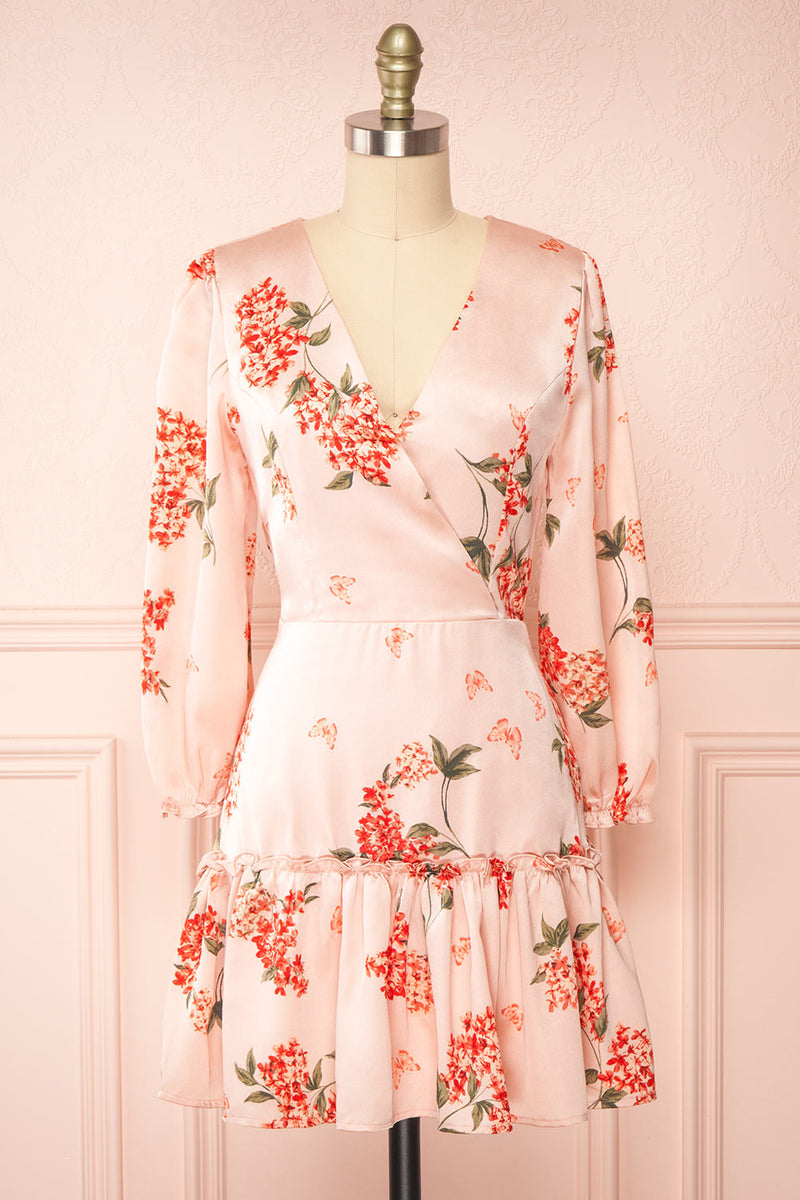 Astralle Long Sleeve Short Floral Satin Wrap Dress