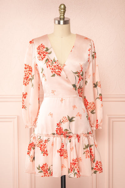 Astralle Long Sleeve Short Floral Satin Wrap Dress | Boutique 1861 front view