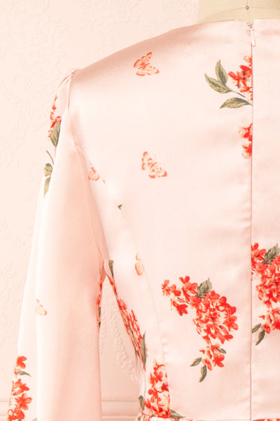 Astralle Long Sleeve Short Floral Satin Wrap Dress | Boutique 1861 back close-up