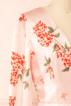 Astralle Long Sleeve Short Floral Satin Wrap Dress | Boutique 1861 side close-up