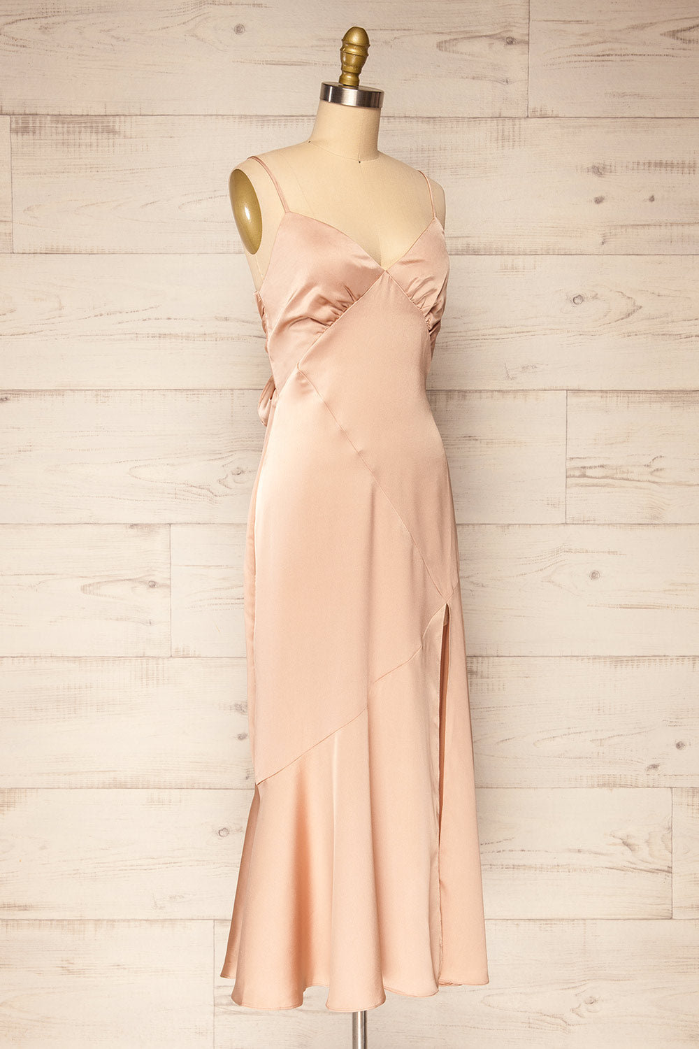 Athy Champagne V-Neck Midi Satin Dress | La petite garçonne side view