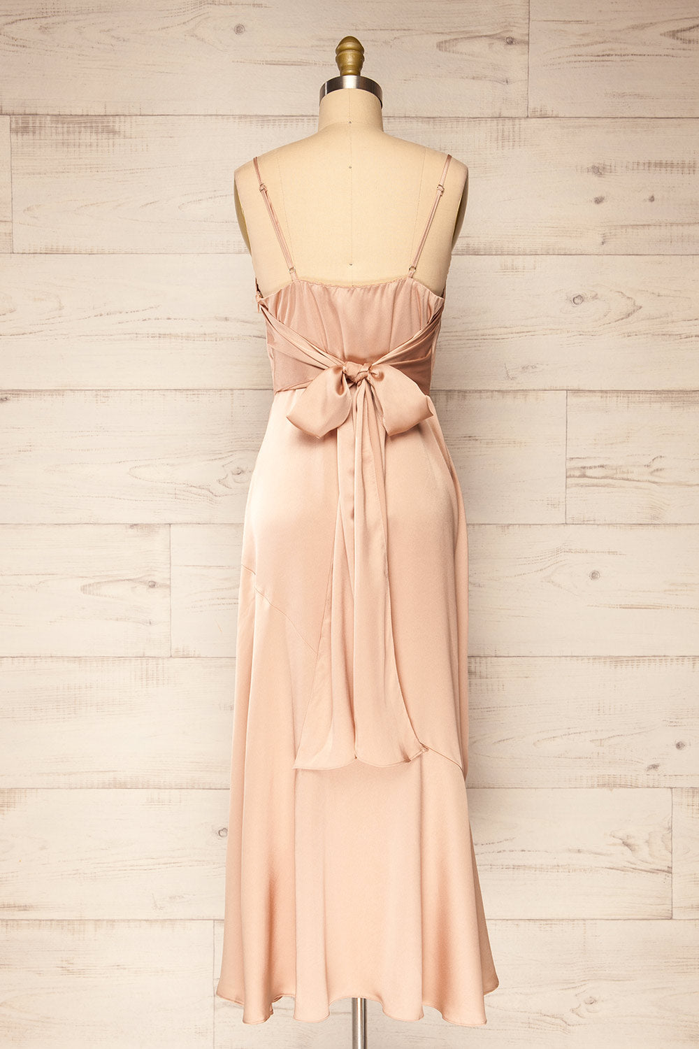 Athy Champagne V-Neck Midi Satin Dress | La petite garçonne back view