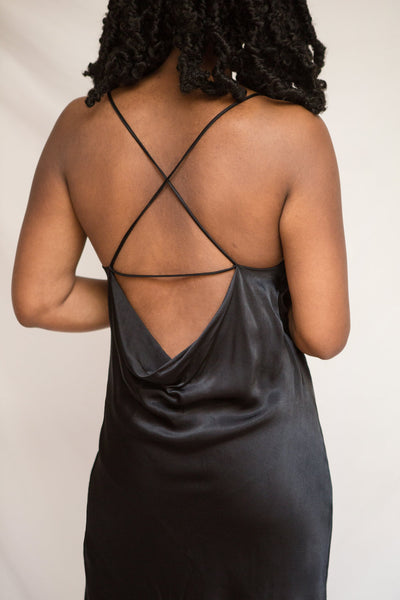 Atlanta Short Black Cowl Neck Slip Dress w/ Lace | La petite garçonne back model