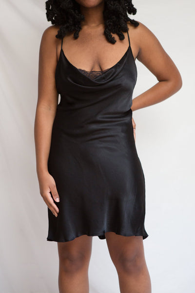 Atlanta Short Black Cowl Neck Slip Dress w/ Lace | La petite garçonne model