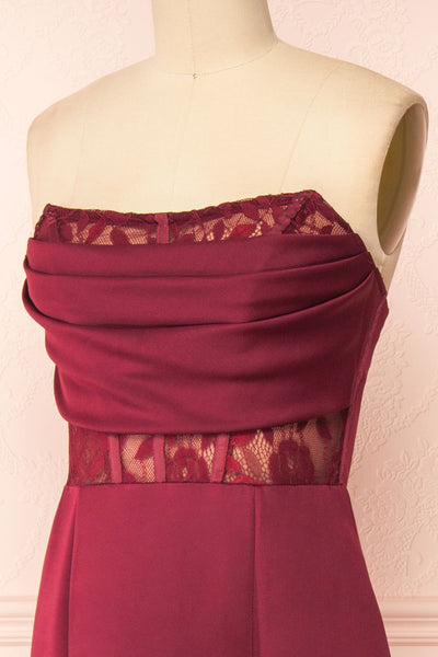 Aubrey Burgundy Strapless Maxi Mermaid Dress | Boutique 1861  side close-up