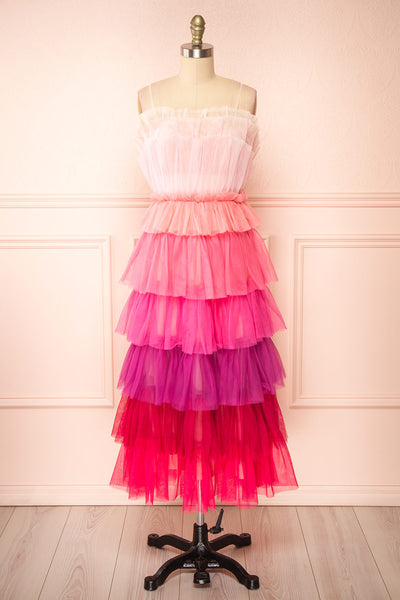Audee Pink Layered Tulle Midi Dress | Boutique 1861  front view