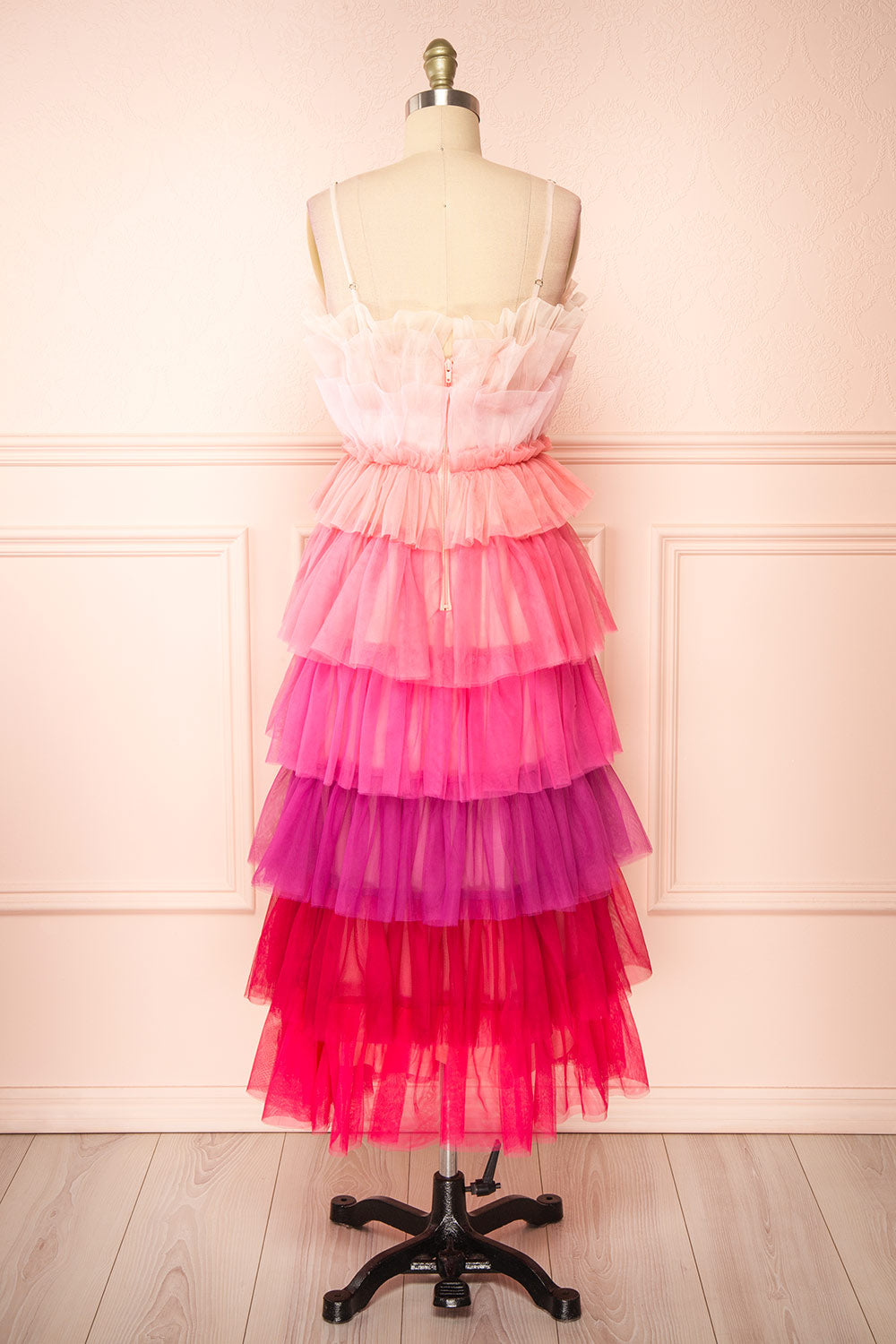 Audee Pink Layered Tulle Midi Dress | Boutique 1861 back view 