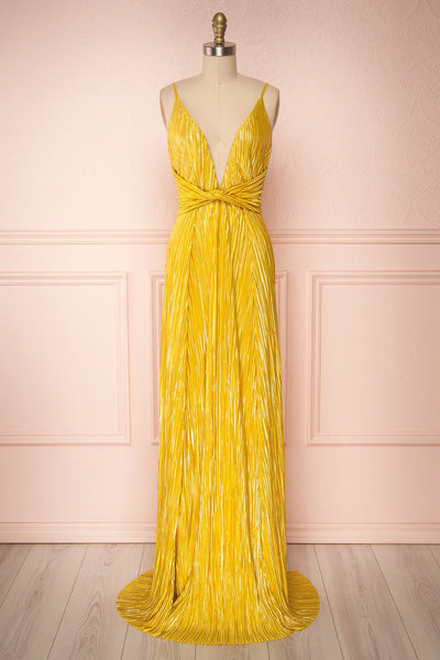 Avezzano Yellow Metallic A-Line Gown with High Slits | Boutique 1861