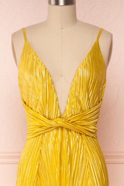 Avezzano Yellow Metallic A-Line Gown with High Slits  | FRONT CLOSE UP | Boutique 1861