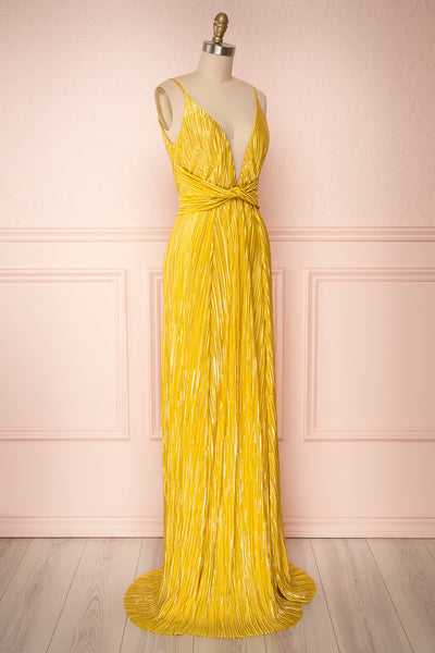 Avezzano Yellow Metallic A-Line Gown with High Slits  | SIDE VIEW | Boutique 1861