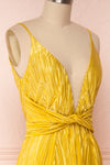 Avezzano Yellow Metallic A-Line Gown with High Slits | SIDE CLOSE UP | Boutique 1861