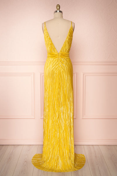 Avezzano Yellow Metallic A-Line Gown with High Slits | BACK VIEW | Boutique 1861