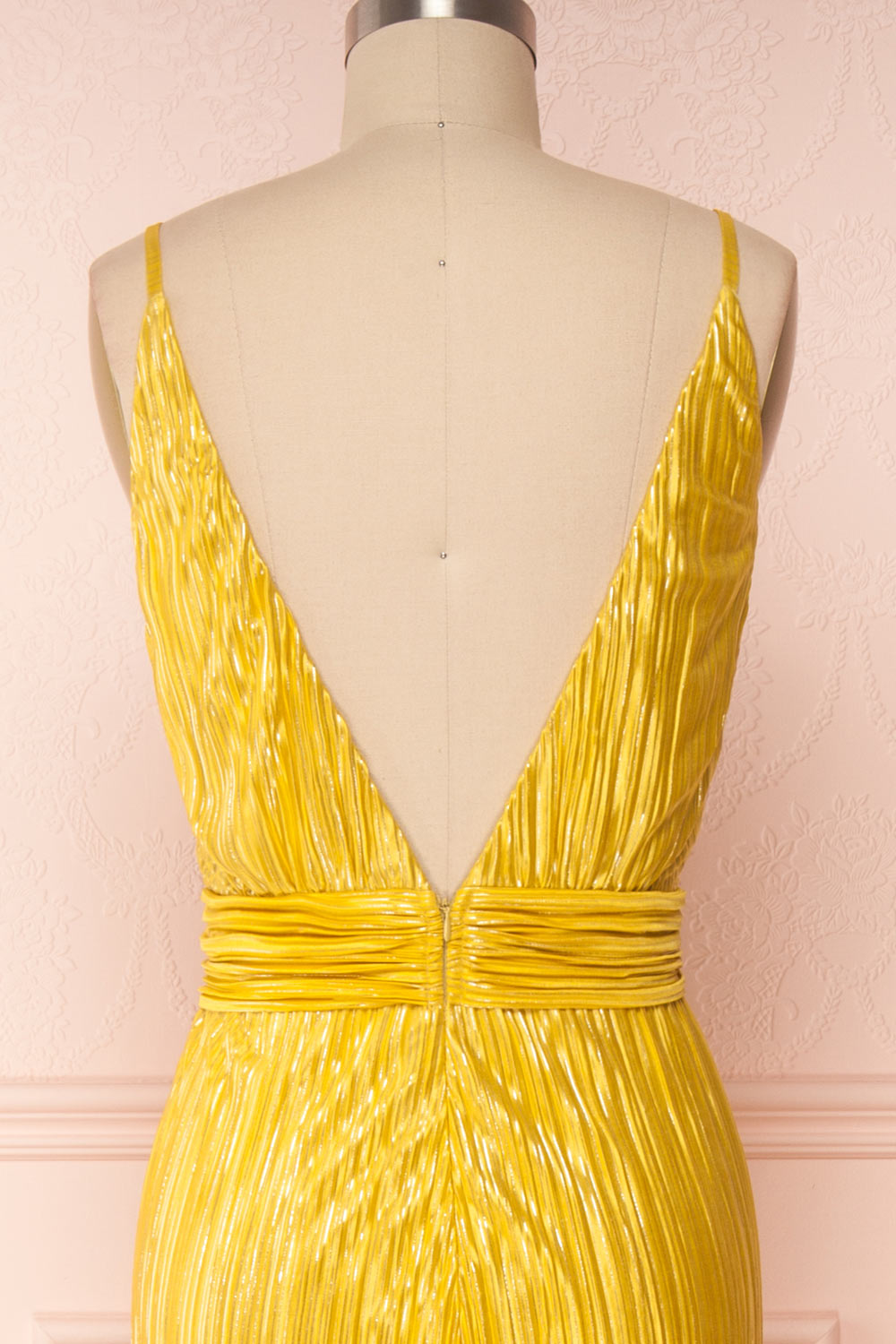 Avezzano Yellow Metallic A-Line Gown with High Slits | BACK CLOSE UP | Boutique 1861