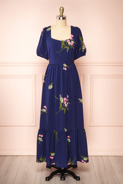 Axelle Navy Floral Midi Dress w/ Puff Sleeves | Boutique 1861  front view