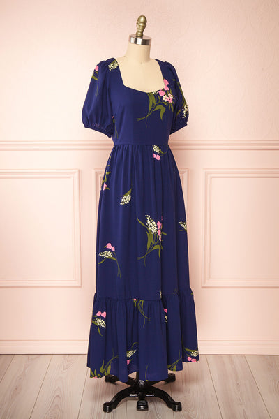 Axelle Navy Floral Midi Dress w/ Puff Sleeves | Boutique 1861  side view