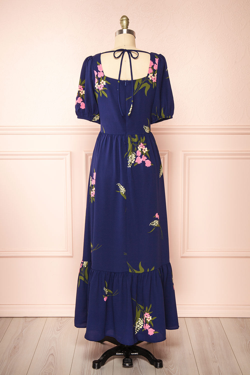 Axelle Navy Floral Midi Dress w/ Puff Sleeves | Boutique 1861 back view