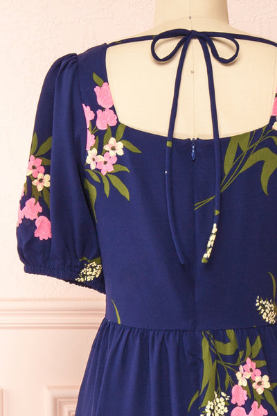 Axelle Navy Floral Midi Dress w/ Puff Sleeves | Boutique 1861 back close-up