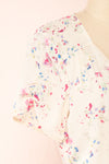 Aymara Off-White Floral Short Sleeve Wrap Dress | Boutique 1861 side close-up