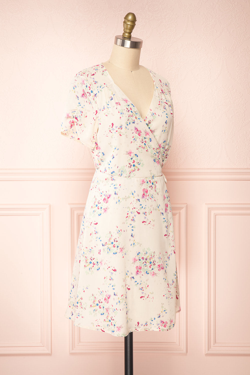 Aymara Off-White Floral Short Sleeve Wrap Dress | Boutique 1861 side view