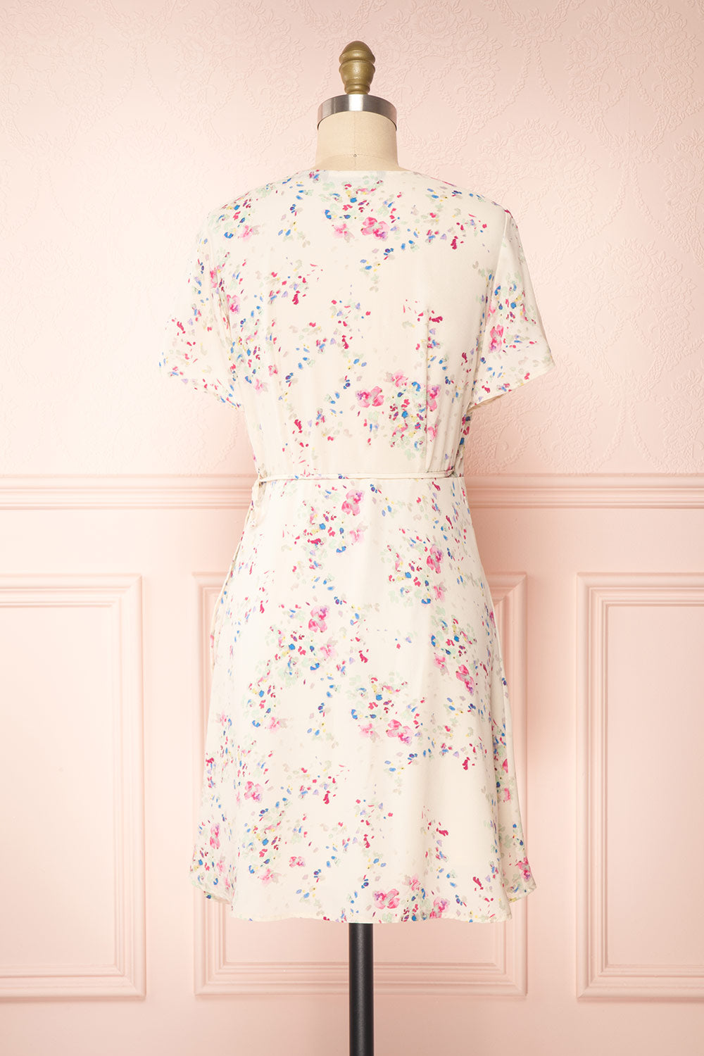 Aymara Off-White Floral Short Sleeve Wrap Dress | Boutique 1861 back view