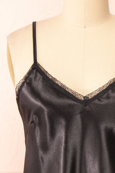 Azula Black Satin Cami Top w/ Lace Trim | Boutique 1861 front close-up