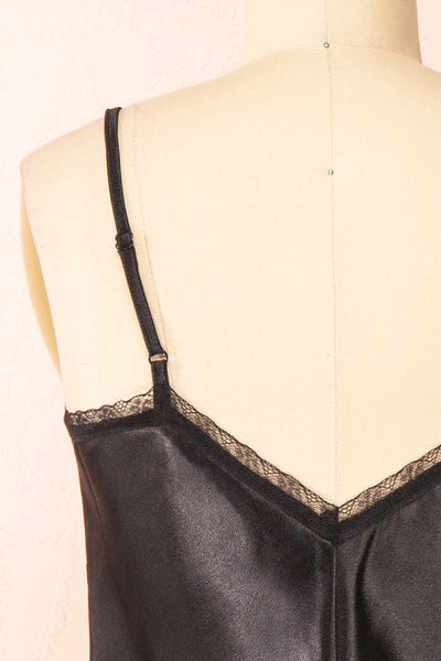 Azula Black Satin Cami Top w/ Lace Trim | Boutique 1861 back close-up