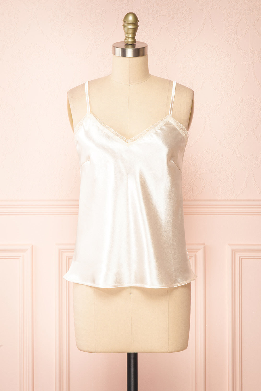 Azula Ivory Satin Cami Top w/ Lace Trim | Boutique 1861 front view