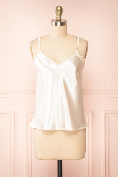 Azula Ivory Satin Cami Top w/ Lace Trim | Boutique 1861 front view