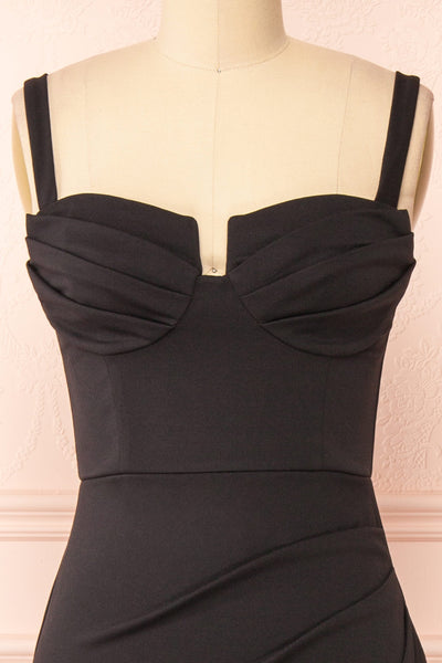 Babette Black Mermaid Maxi Dress w/ Pleated Neckline |  Boutique 1861 front close-up