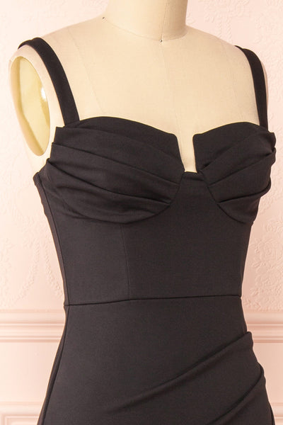 Babette Black Mermaid Maxi Dress w/ Pleated Neckline | Boutique 1861 side close-up