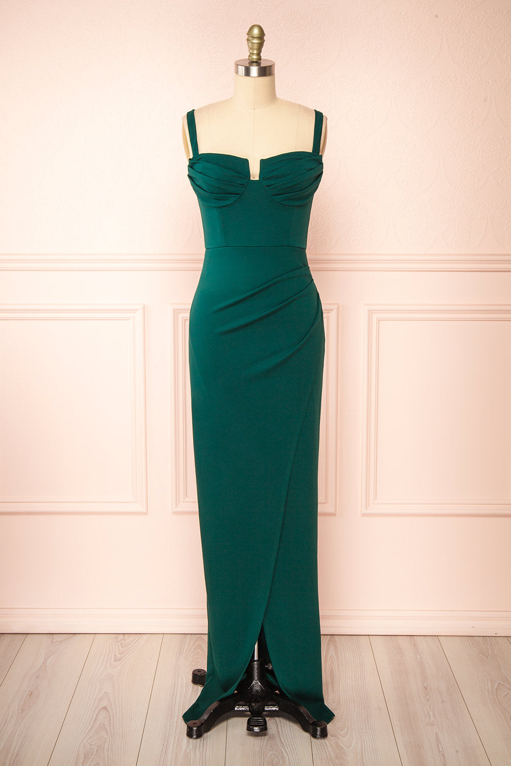 Babette Green Mermaid Maxi Dress w/ Pleated Neckline | Boutique 1861 front view